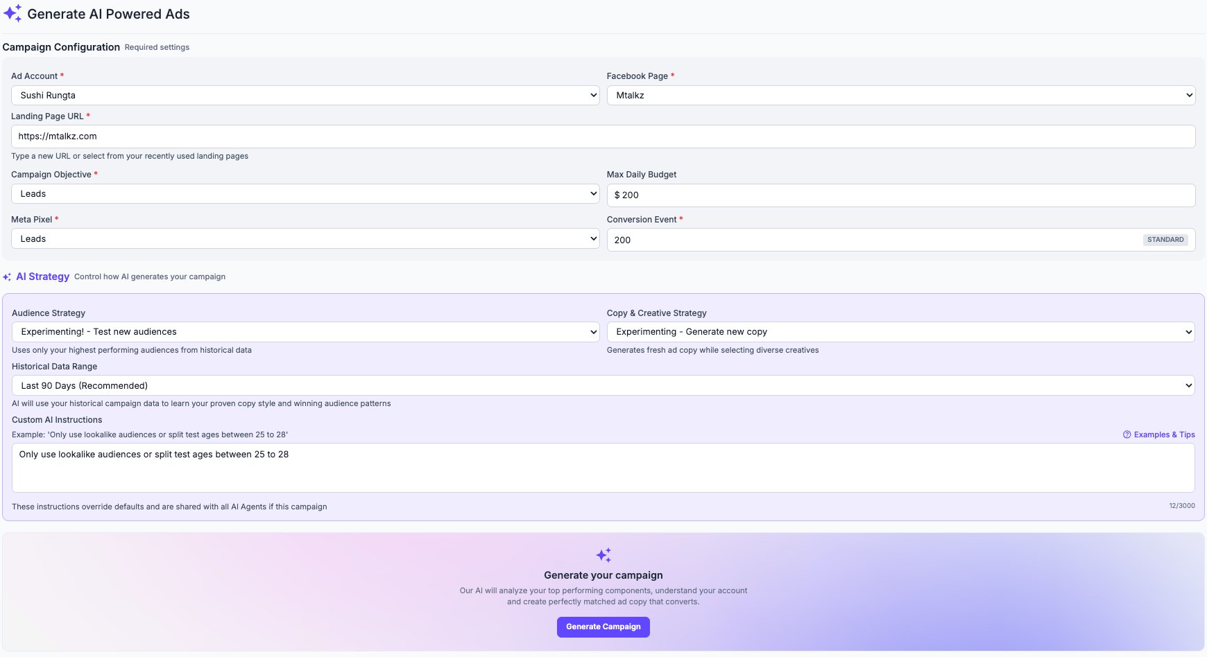 NeoLook.ai Generate AI Powered Ads â€” Campaign Configuration with Ad Account Facebook Page Campaign Objective Leads Max Daily Budget and AI Strategy panel
